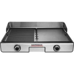 Am billigsten ✨ GASTROBACK, Artikel-Nr 42524 Design Tischgrill Plancha & BBQ, 1300 cm² Grillfläche, Getrennt Regelbare Profi-Grill-Wendeplatten, 2.000 Watt, 2000, Aluminium-Druckguss, Schwarz, Silber 👏